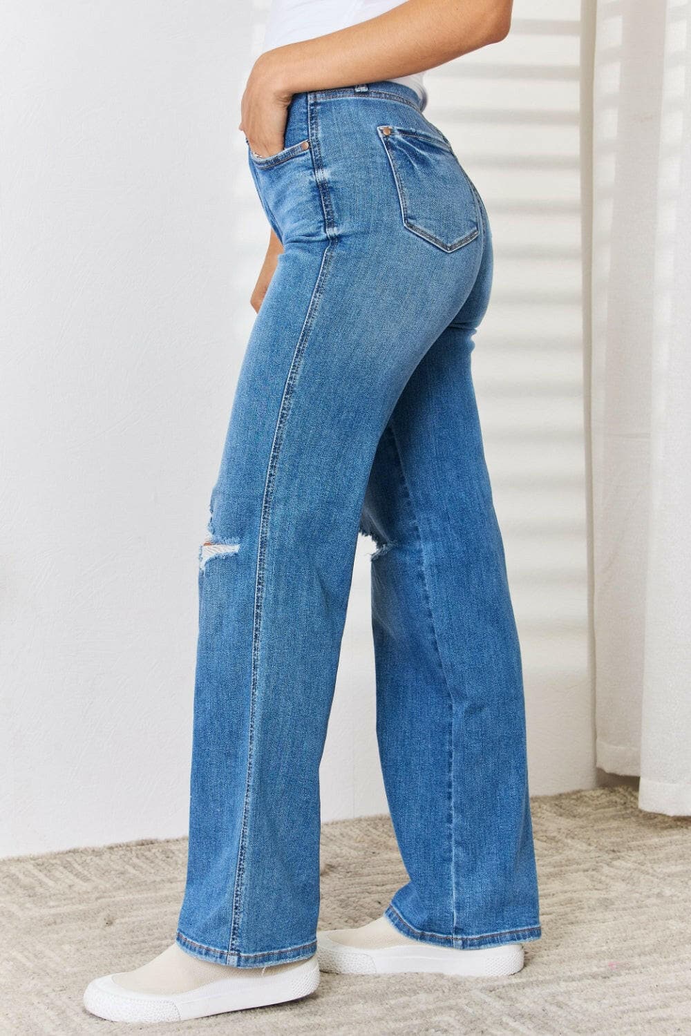 Judy Blue Full Size High Waist Distressed Straight-Leg Jeans.