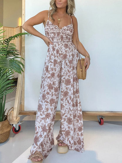 Full Size Printed Spaghetti Strap Wide Leg Jumpsuit.