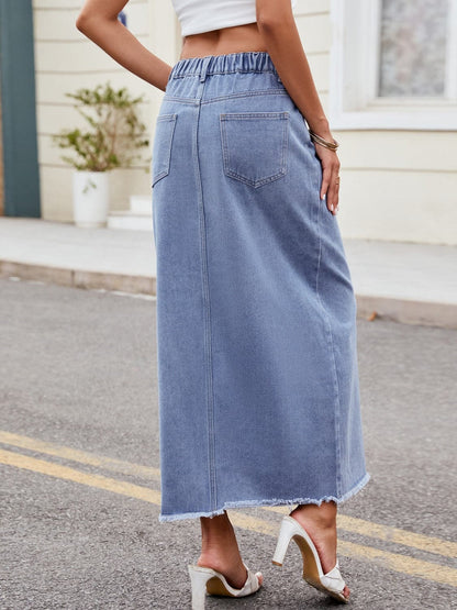 Slit Asymmetrical Waist Denim Skirt.