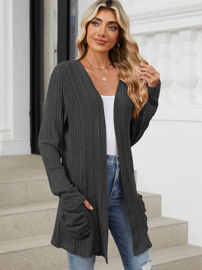 Pocketed Open Front Long Sleeve Cardigan.