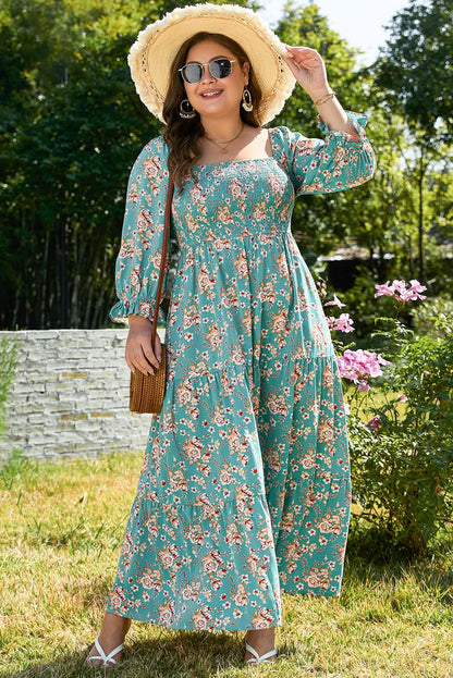 Green Plus Size Floral Print Square Neck Smocked Maxi Dress