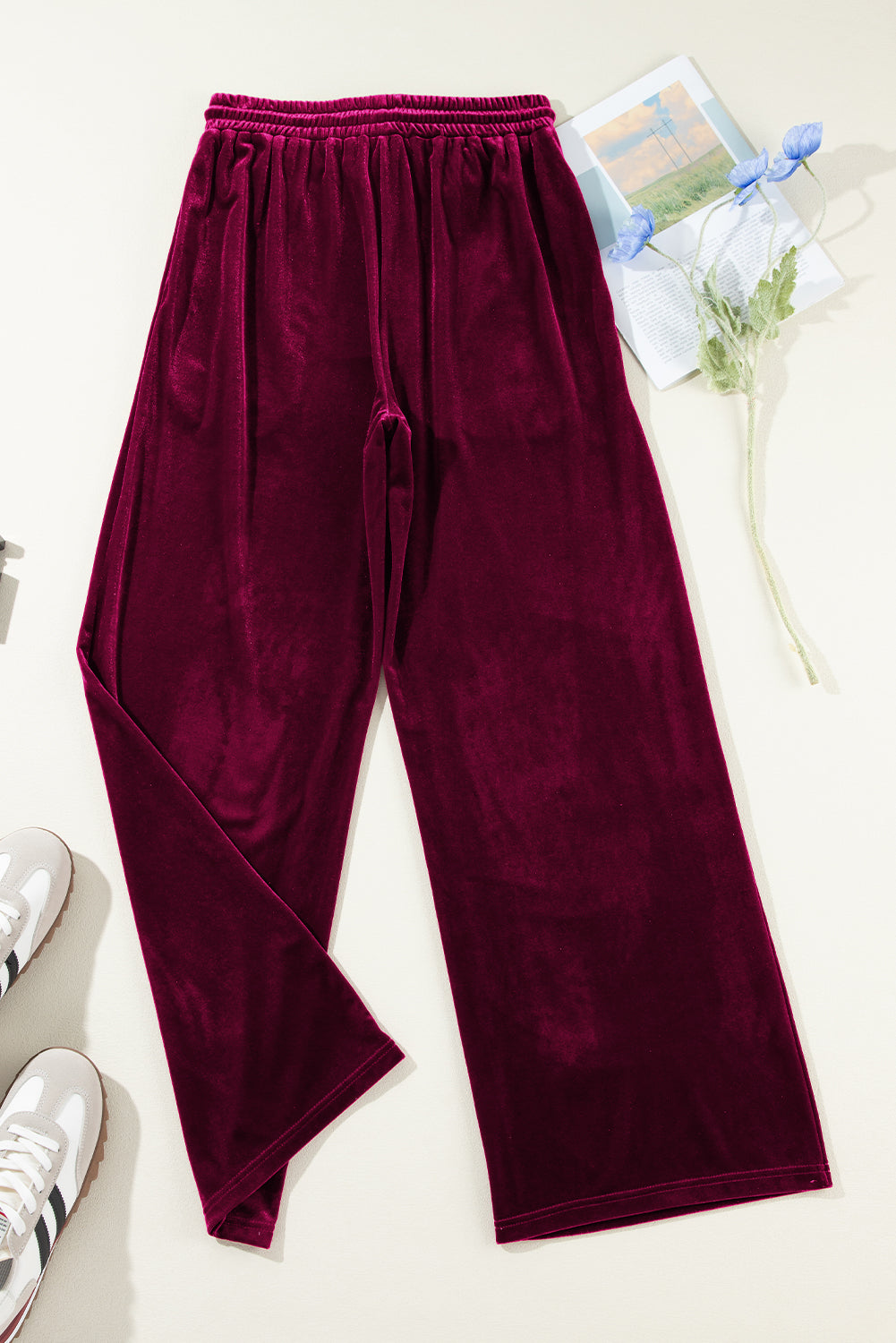 Burgundy wide leg pants with drawstring