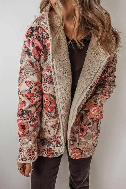 Women Floral Printed Sherpa Lined Hooded Jacket