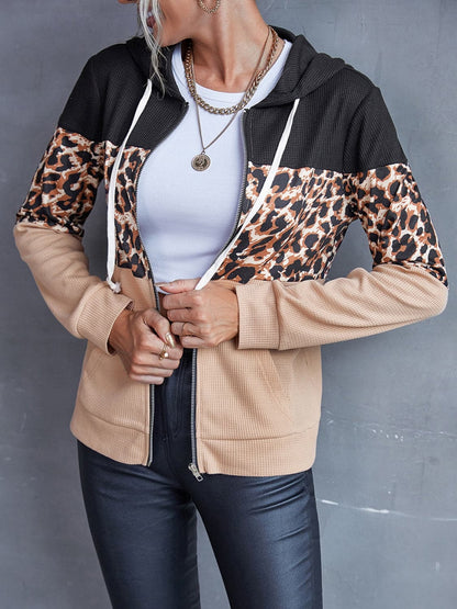 Drawstring Leopard Zip Up Hooded Jacket.