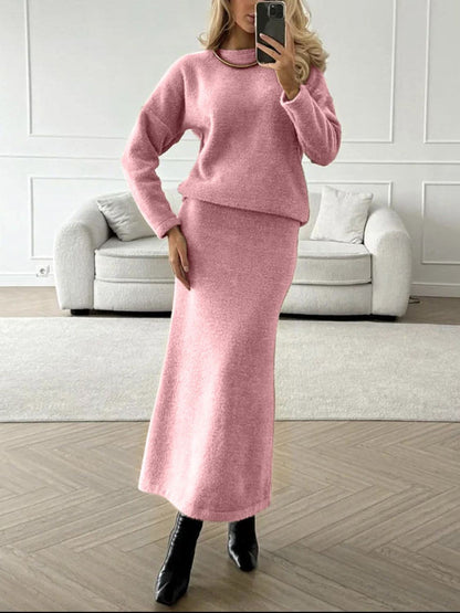 Casual Chic Round Neck Sweater Set with Midi Skirt