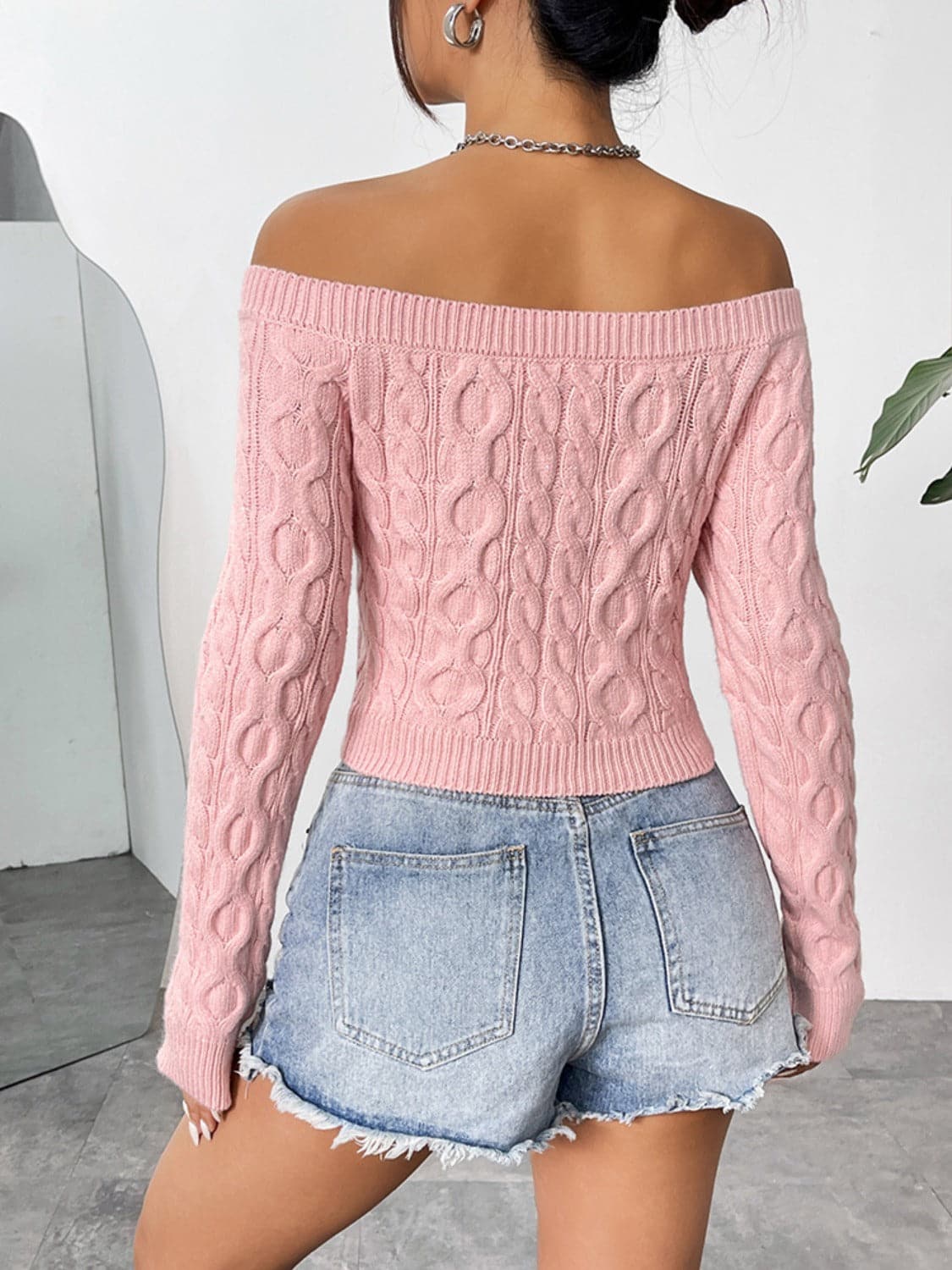 Cable-Knit Off-Shoulder Long Sleeve Knit Top.