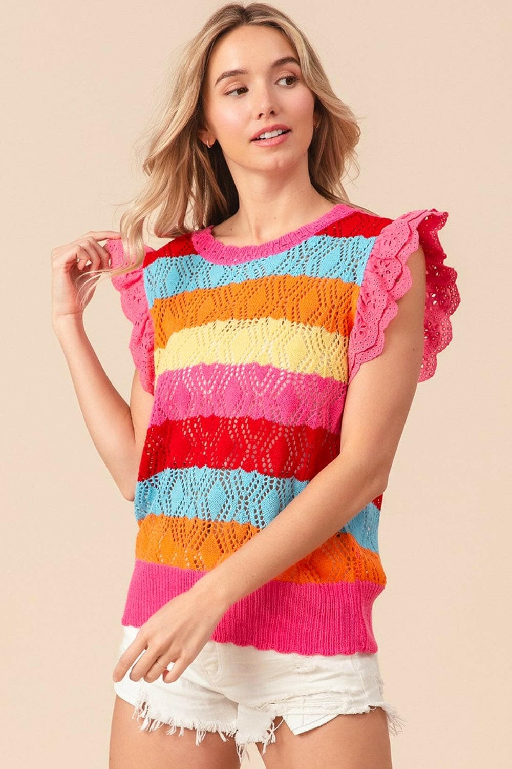 BiBi Pointelle Striped Ruffled Knit Top.