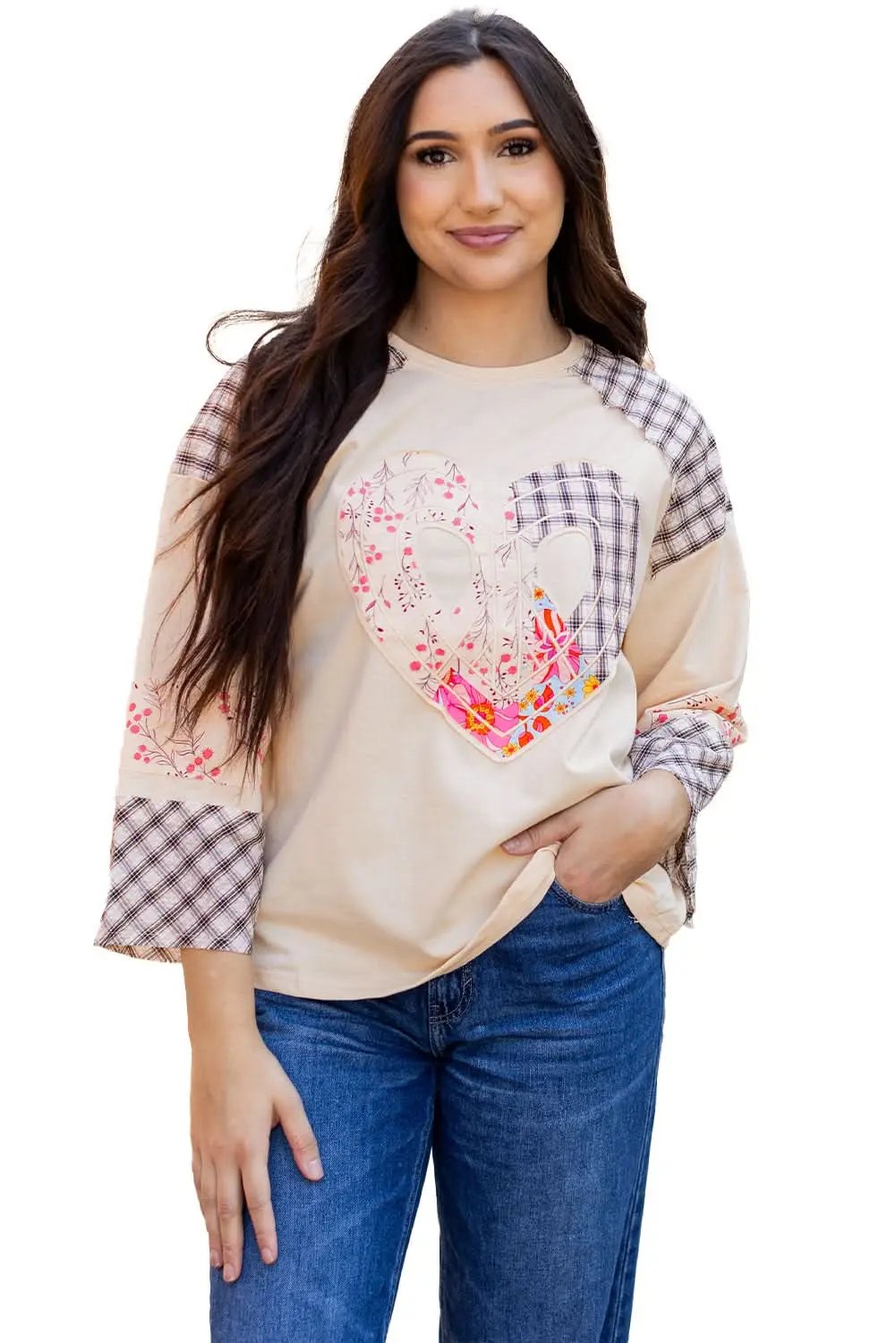 Beige Plaid Floral Peace Heart Graphic Wide Long Sleeve Top - Love Salve 