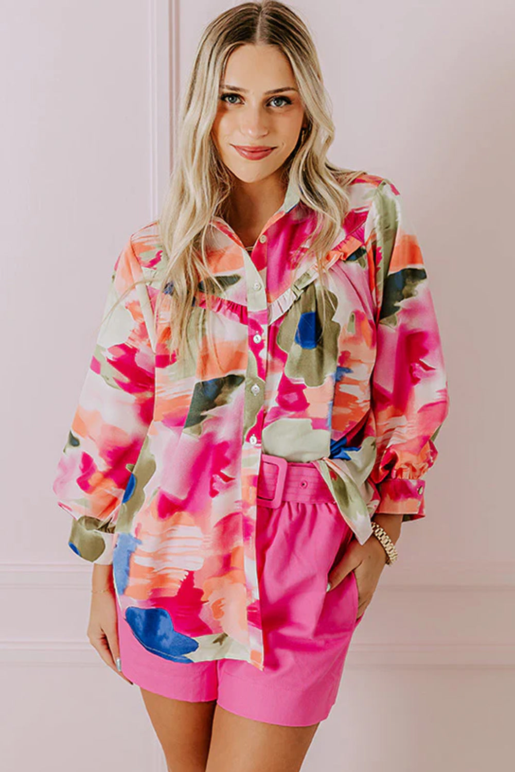 Chic rose-print ruffled puff sleeve blouse