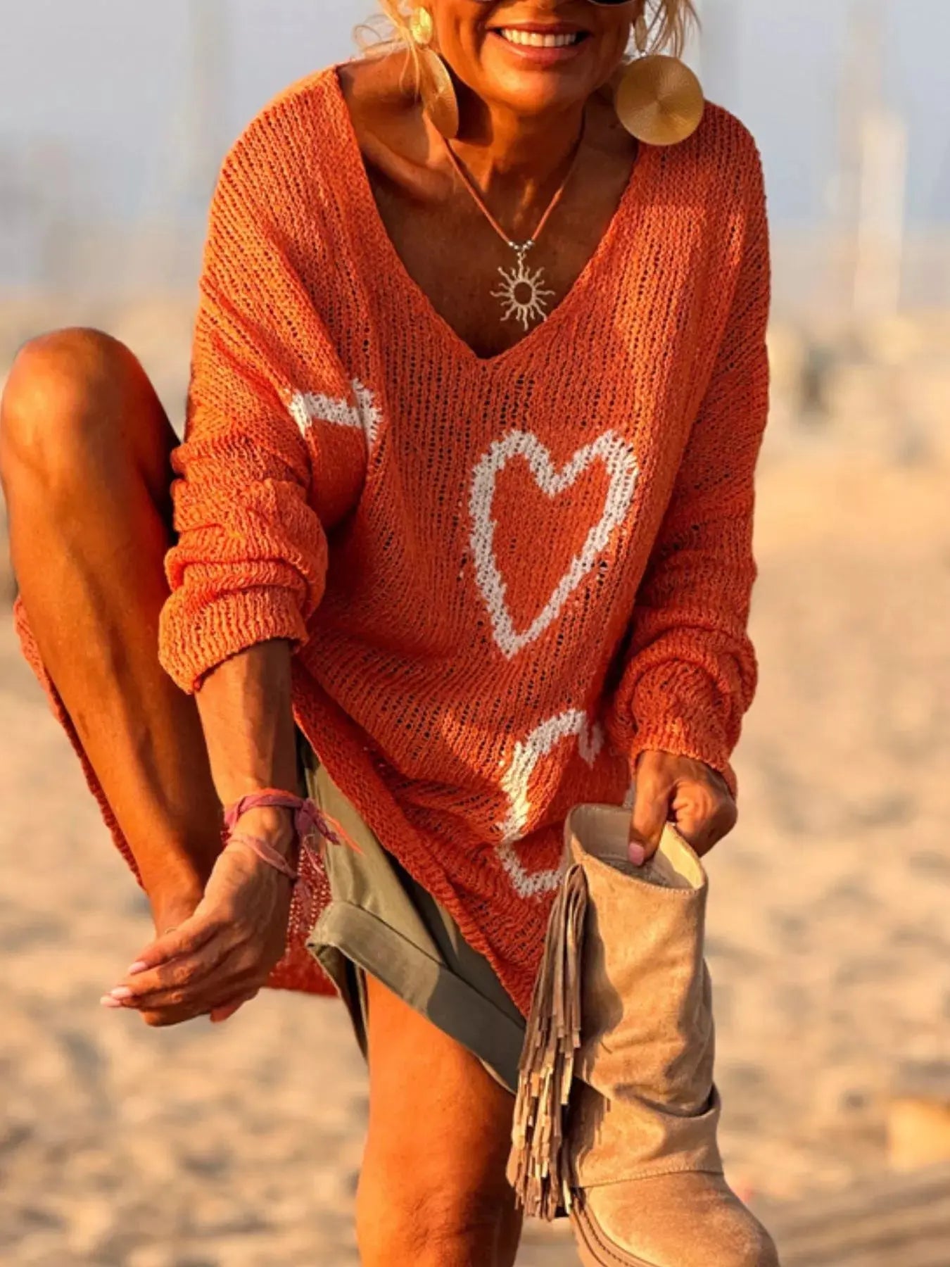 Heart V-Neck Dropped Shoulder Sweater Simply Love