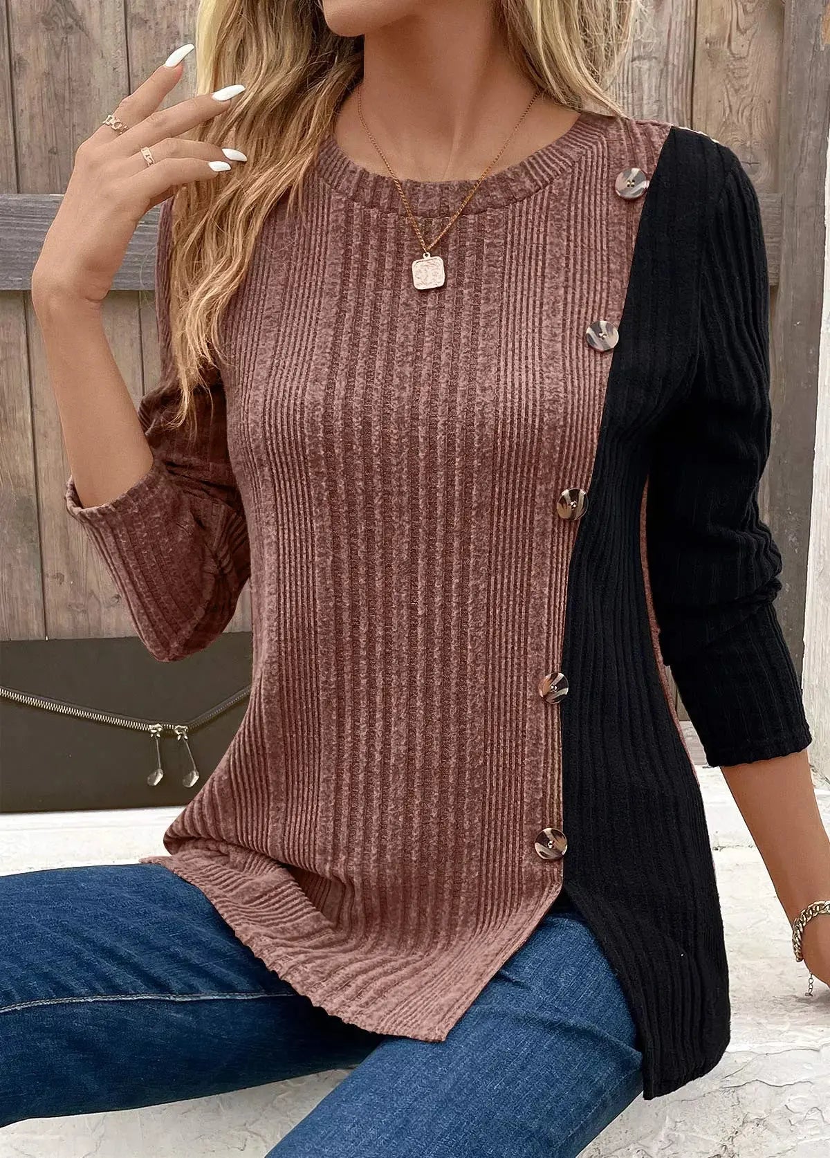 Color Block Ribbed Knit Top With Decorative Buttons Slit Detail Simply Love