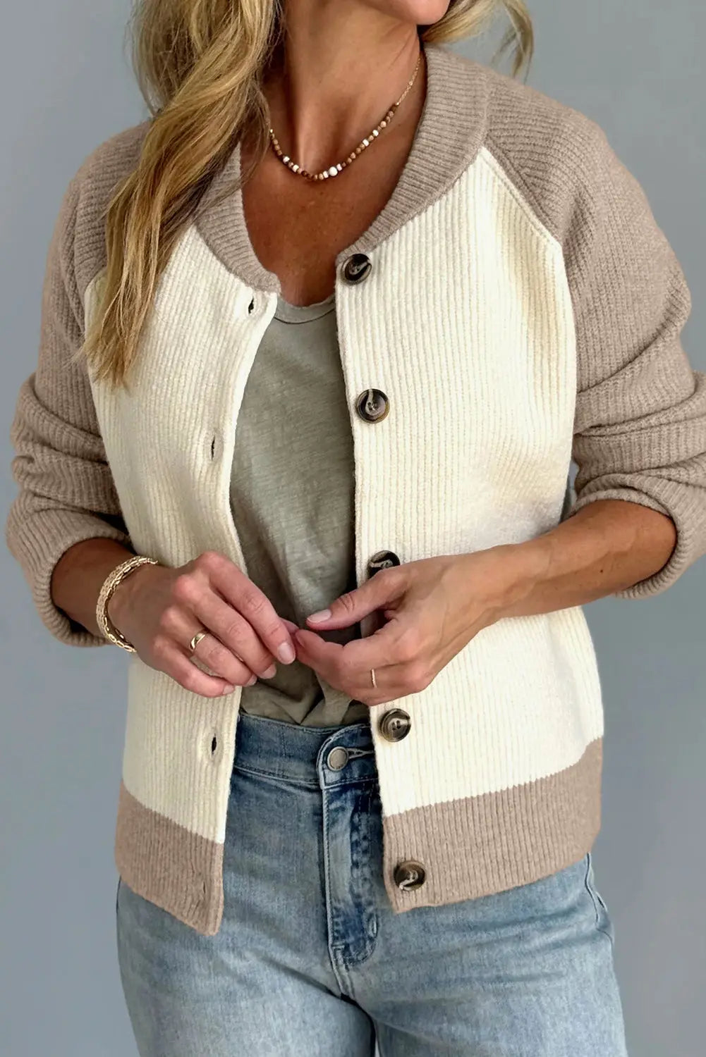 White Color Block Ribbed Knit Button Down Cardigan Sweater For Women Dear-Lover Dropshipping