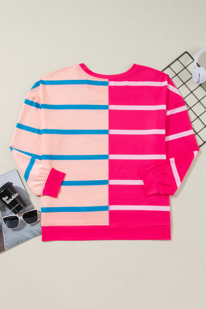 Chic rose stripe color block long sleeve plus size tee