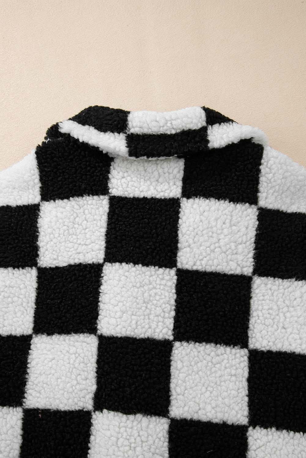 Black Checkered Side Pockets Collared Buttoned Fleece Jacket - Love Salve 