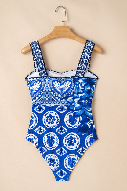 Exotic Blue Mosaic Ricrac Trim One-Piece Swimsuit with Wide Straps