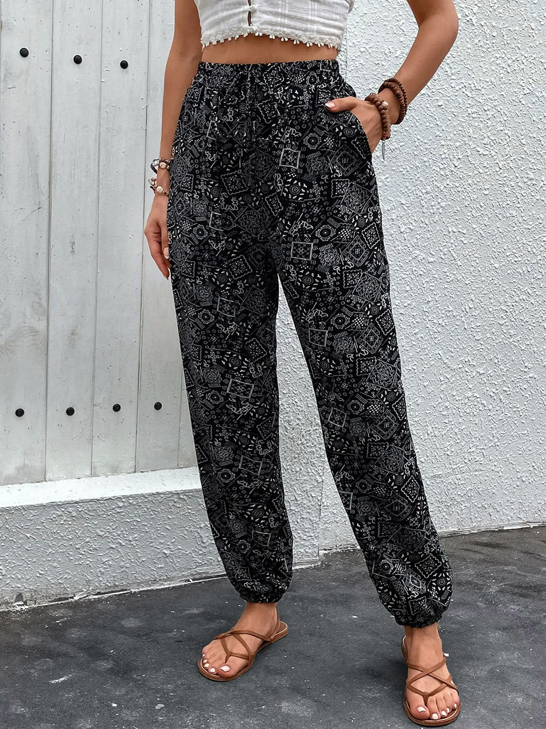 Chic Tied High Waist Printed Trousers