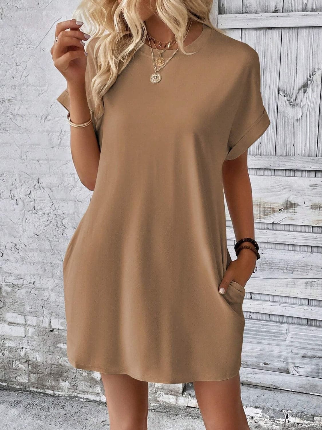 Round Neck Short Sleeve Mini Dress.