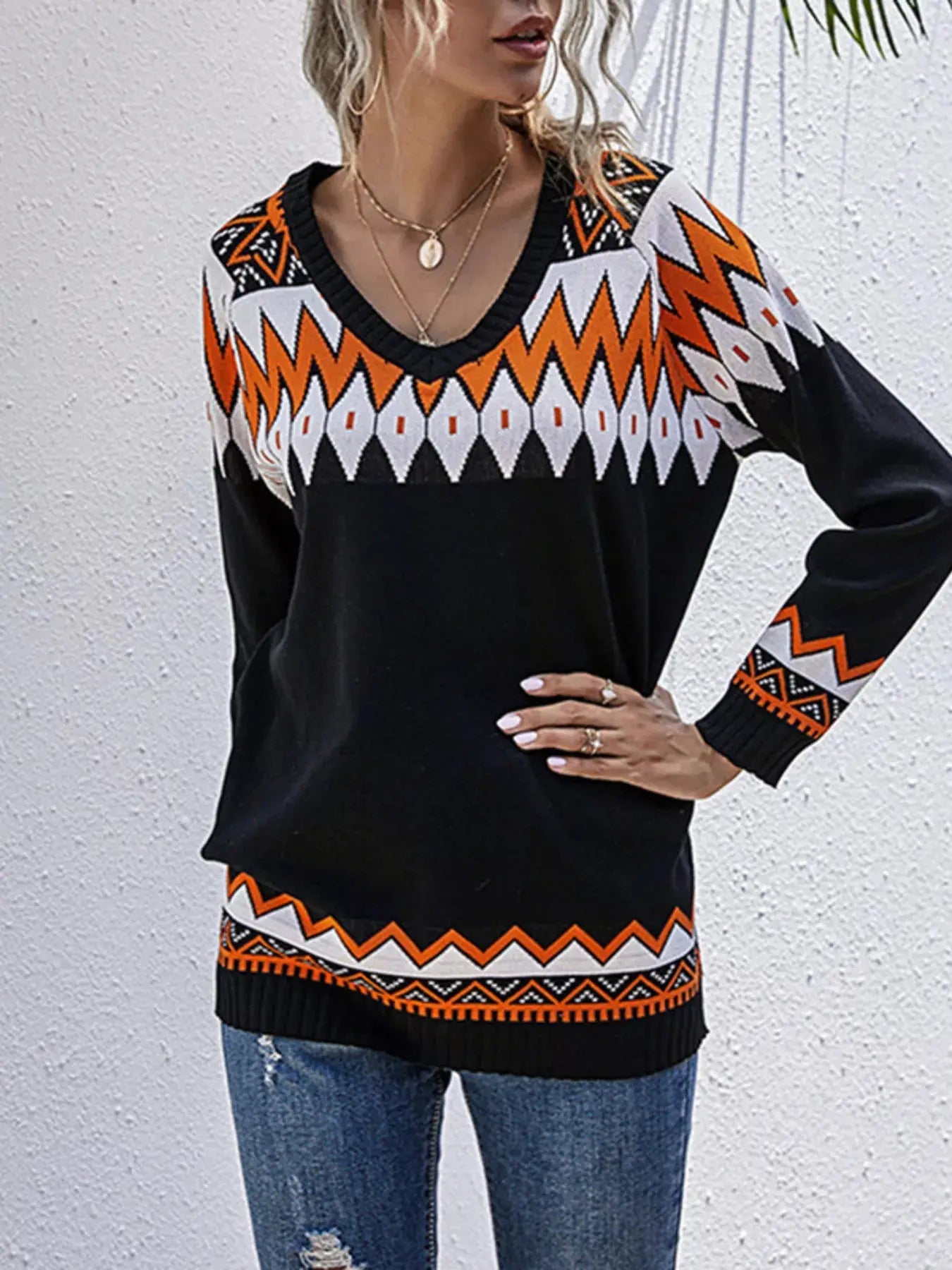 Geometric Pattern V-Neck Sweater Simply Love