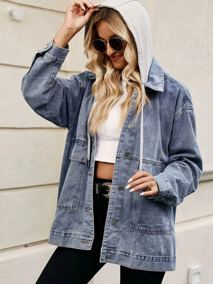 Oversized Button Up Denim Jacket with Hood