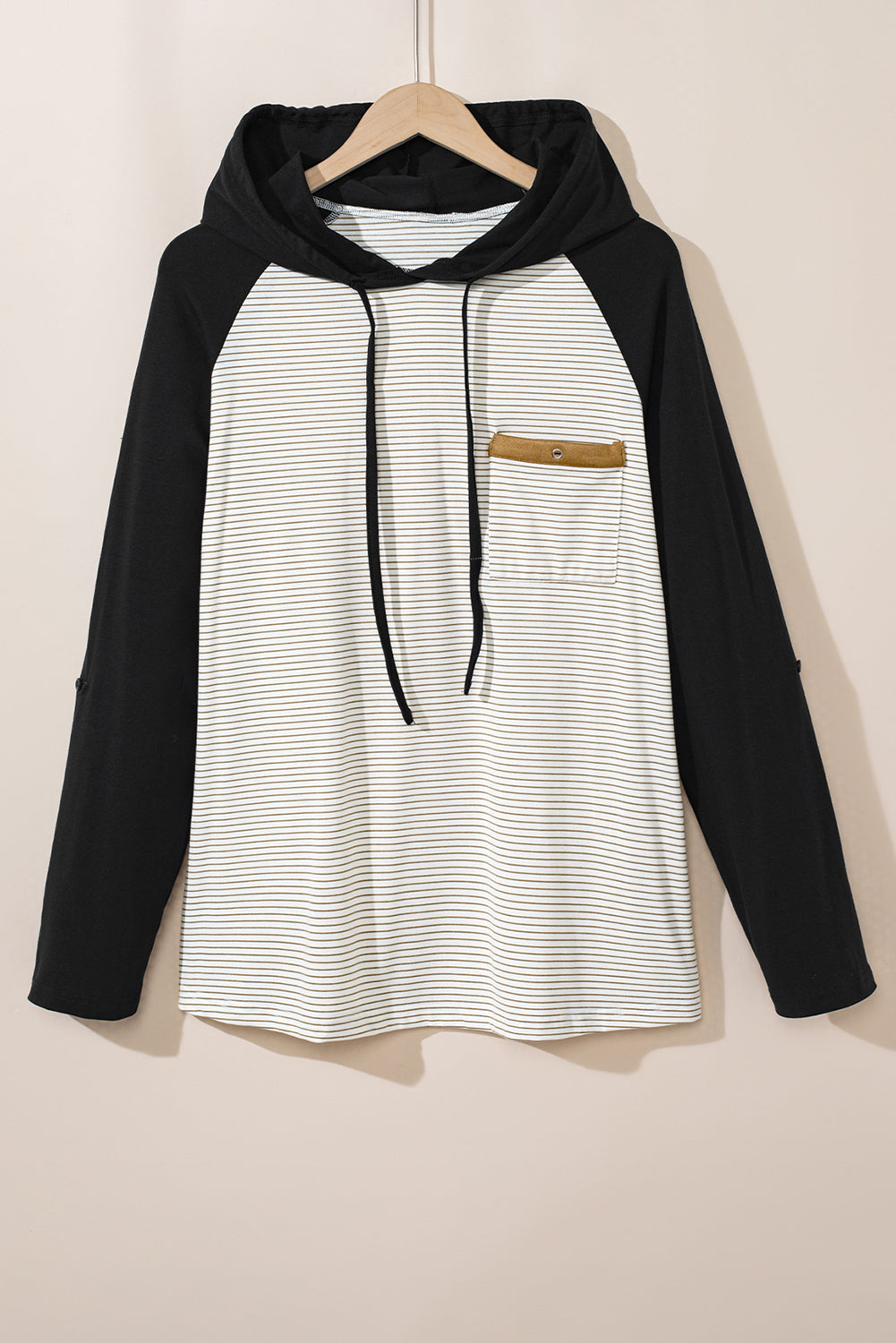 Plus size black and white striped hoodie with raglan sleeves and button pocket