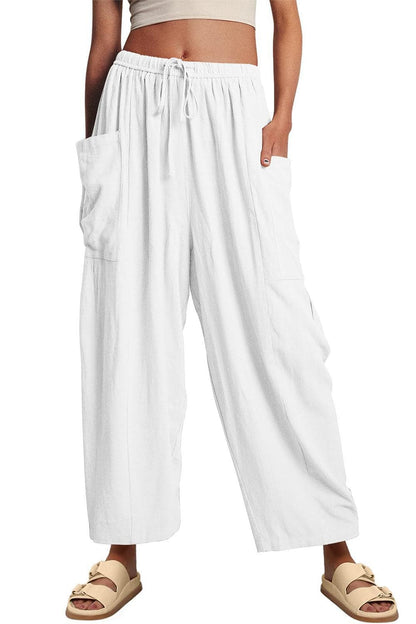 Full Size Pocketed Drawstring Wide Leg Pants.