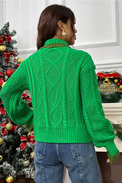 Cable-Knit Ruffled Mock Neck Lantern Sleeve Sweater.