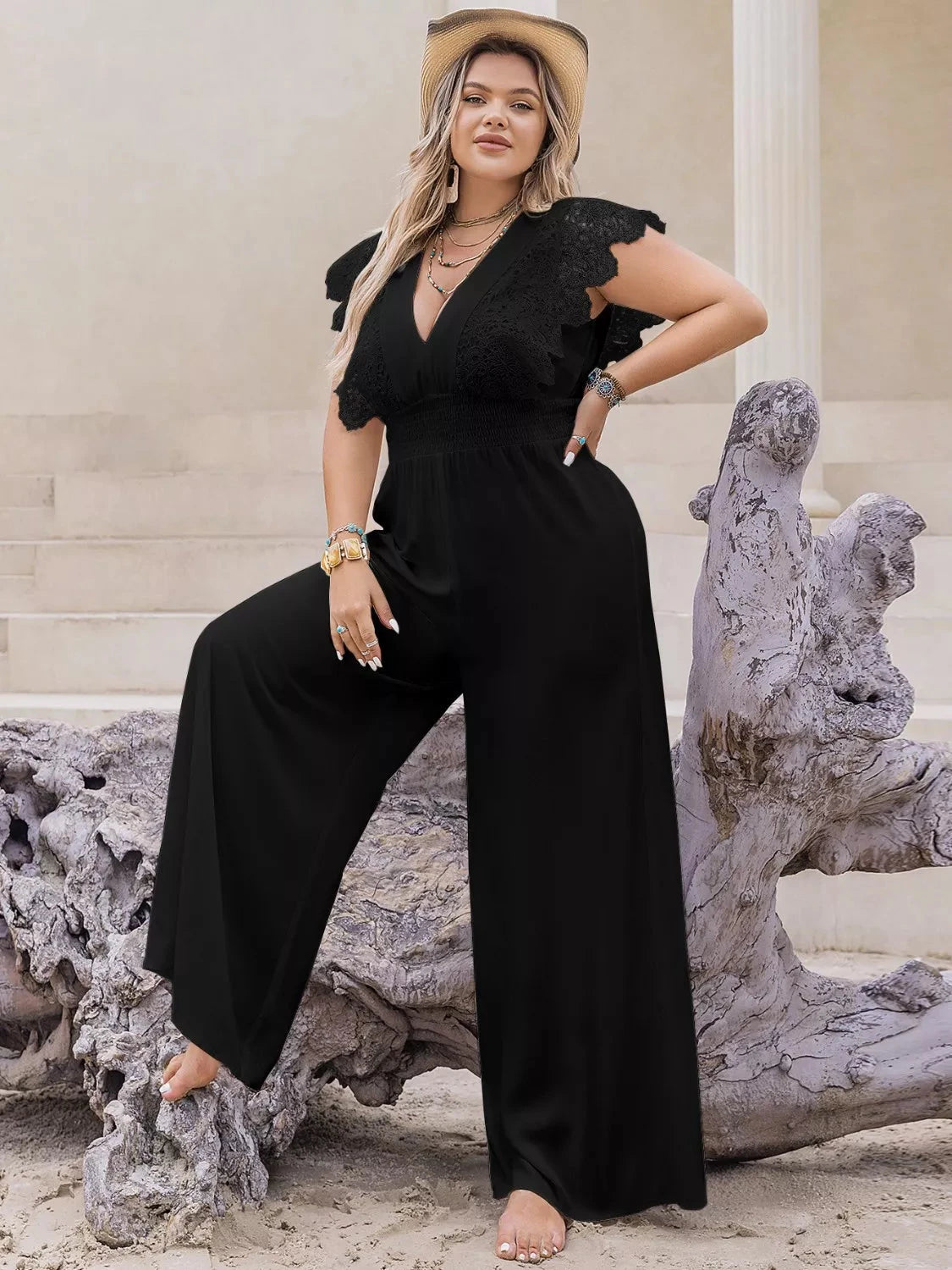 Plus Size Lace Cap Sleeve Wide Leg Jumpsuit Coco’s Tee Boutique