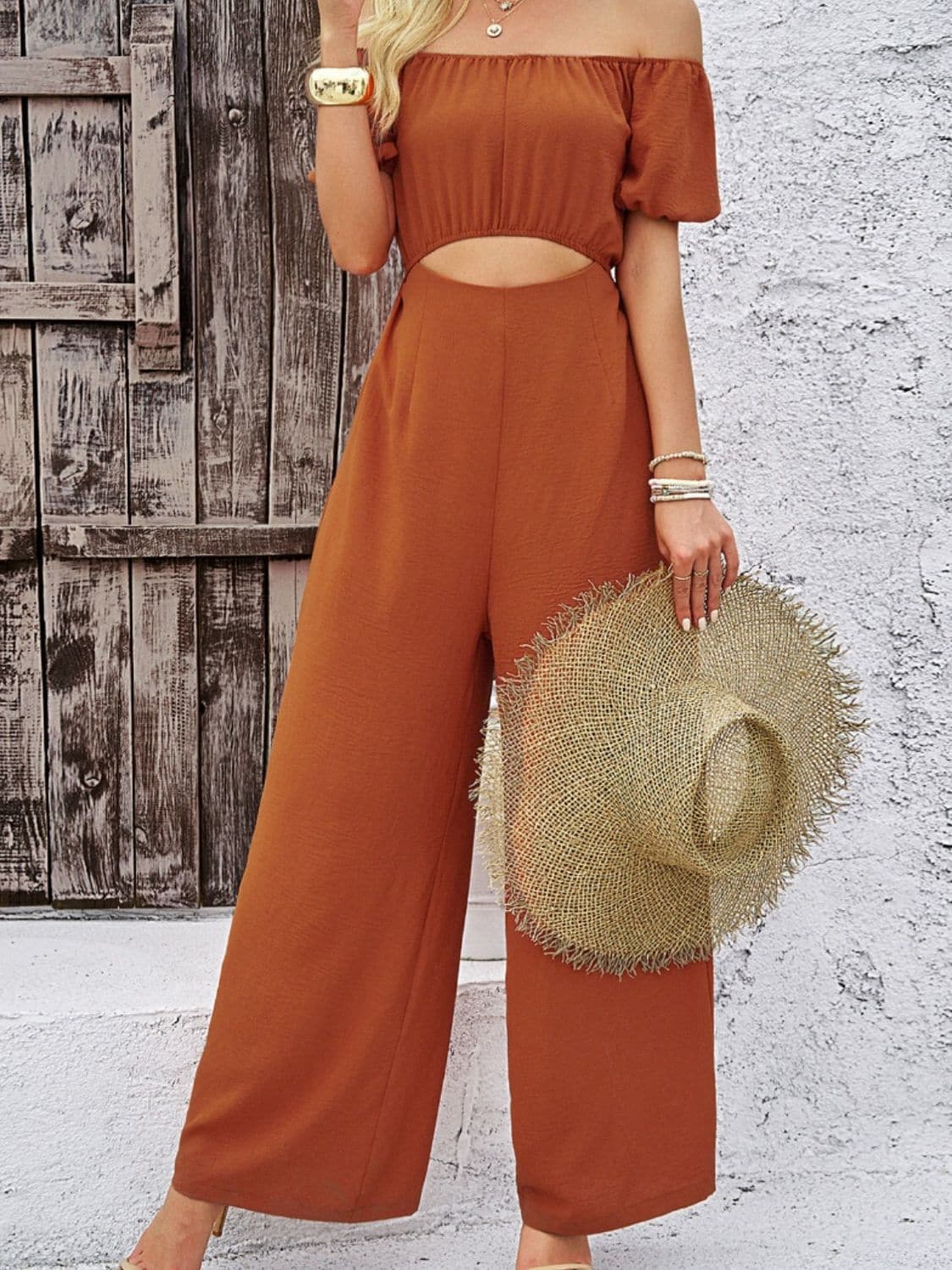 Cutout Off Shoulder Wide Leg Jumpsuit.