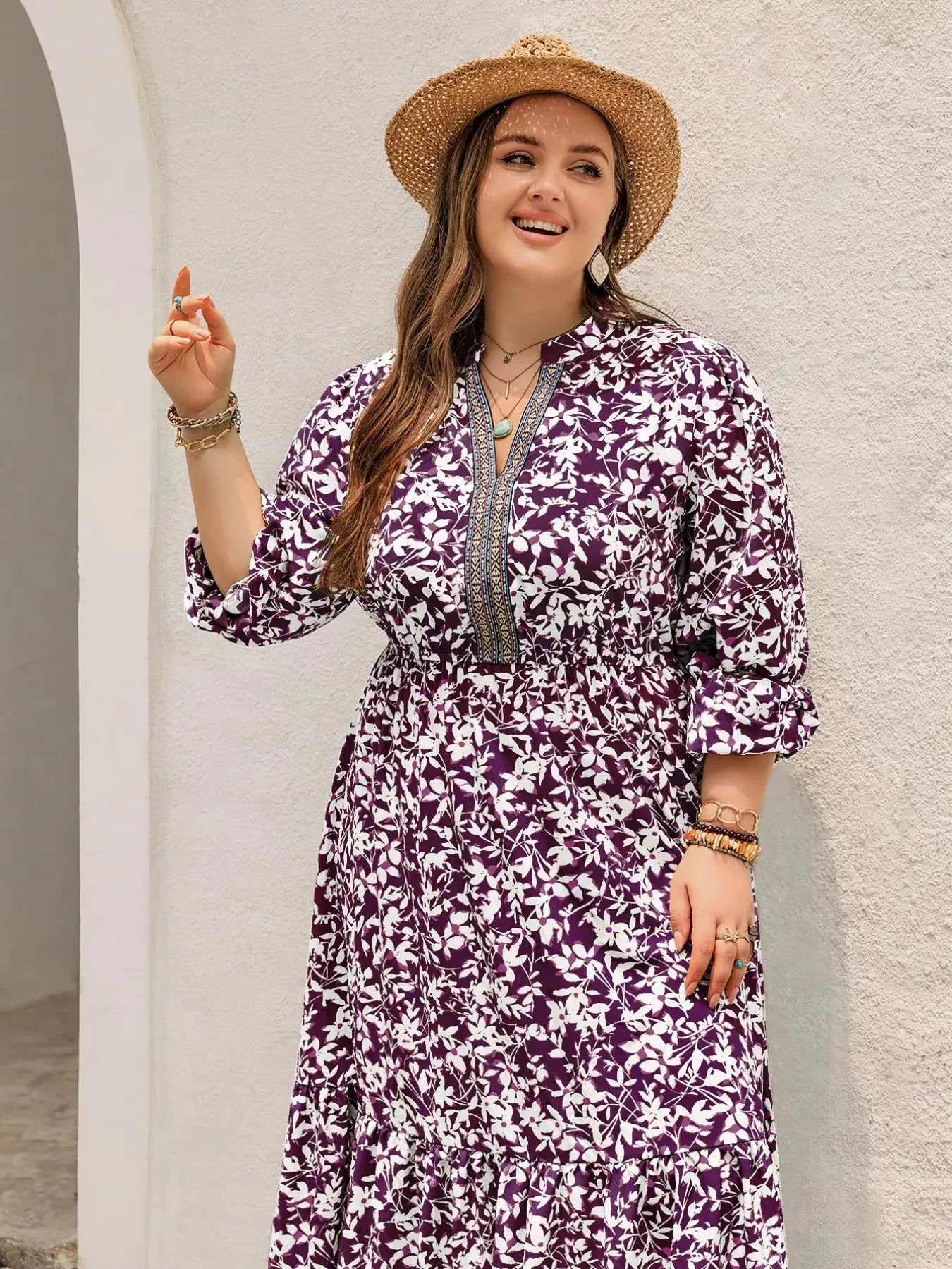 Plus Size Floral Print Maxi Dress with Long Sleeves Simply Love