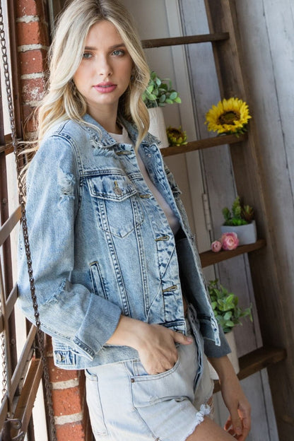 Veveret Distressed Button Up Denim Jacket.