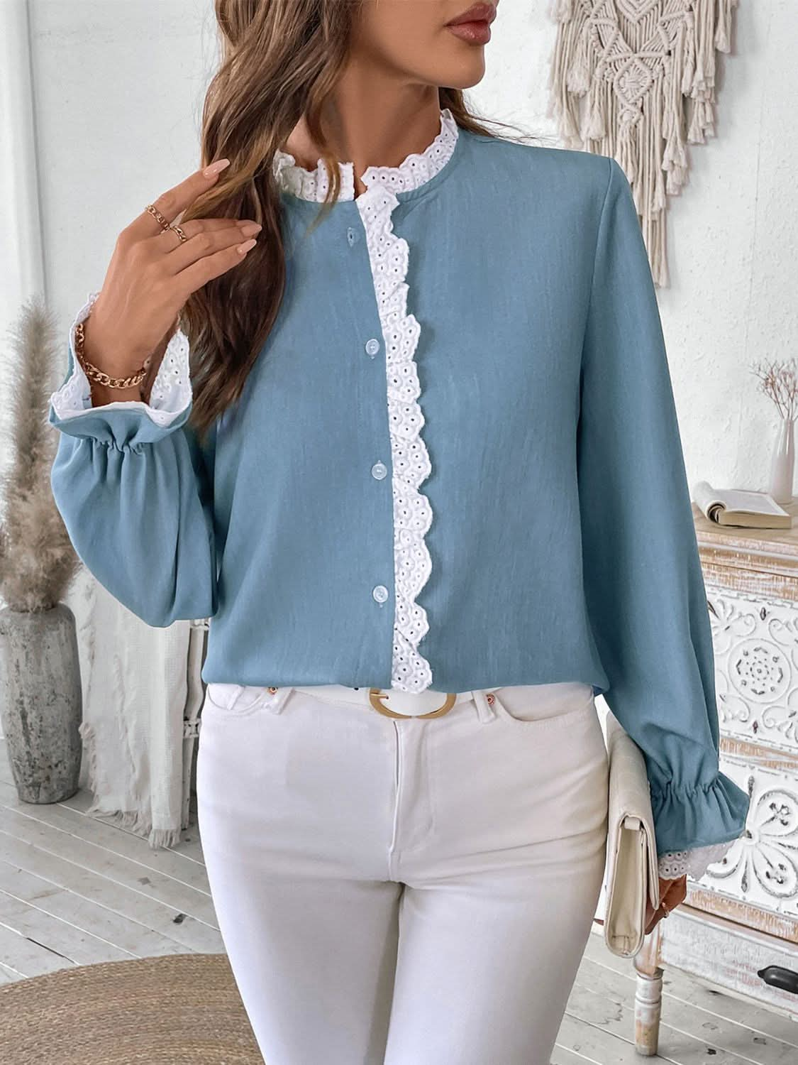 Lace-Embellished Button-Up Long Sleeve Blouse