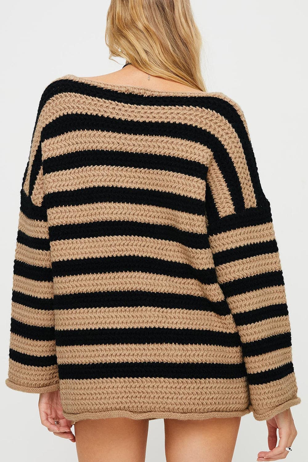 Striped Round Neck Dropped Shoulder Sweater.