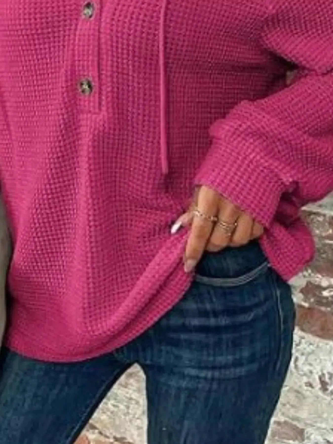 Waffle Knit Button Detail Hoodie Simply Love