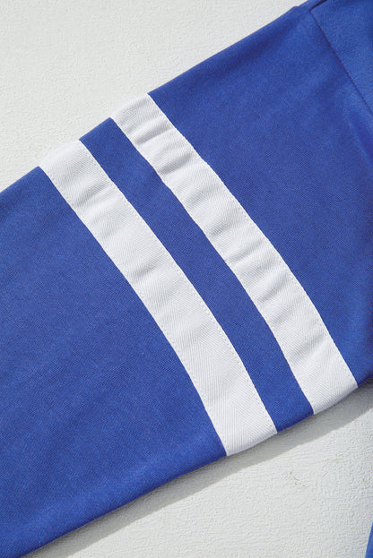Premium Sky Blue Varsity Striped Drop Shoulder Oversized Sweatshirt