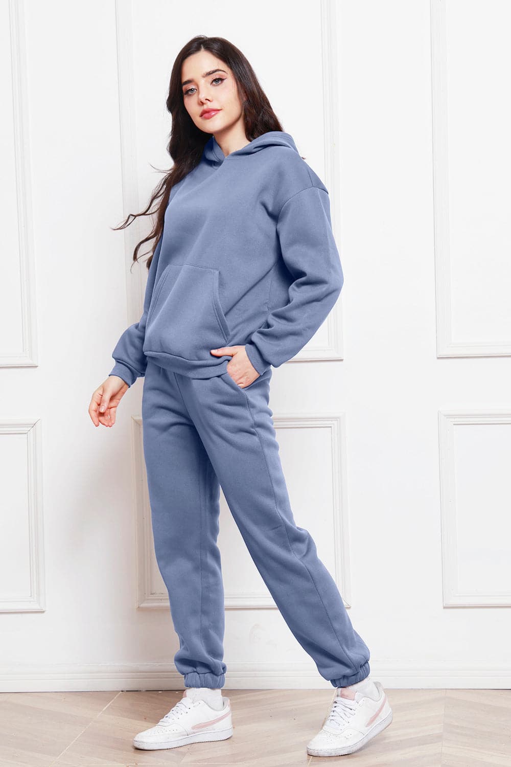 Drop Shoulder Long Sleeve Hoodie and Pants Set.