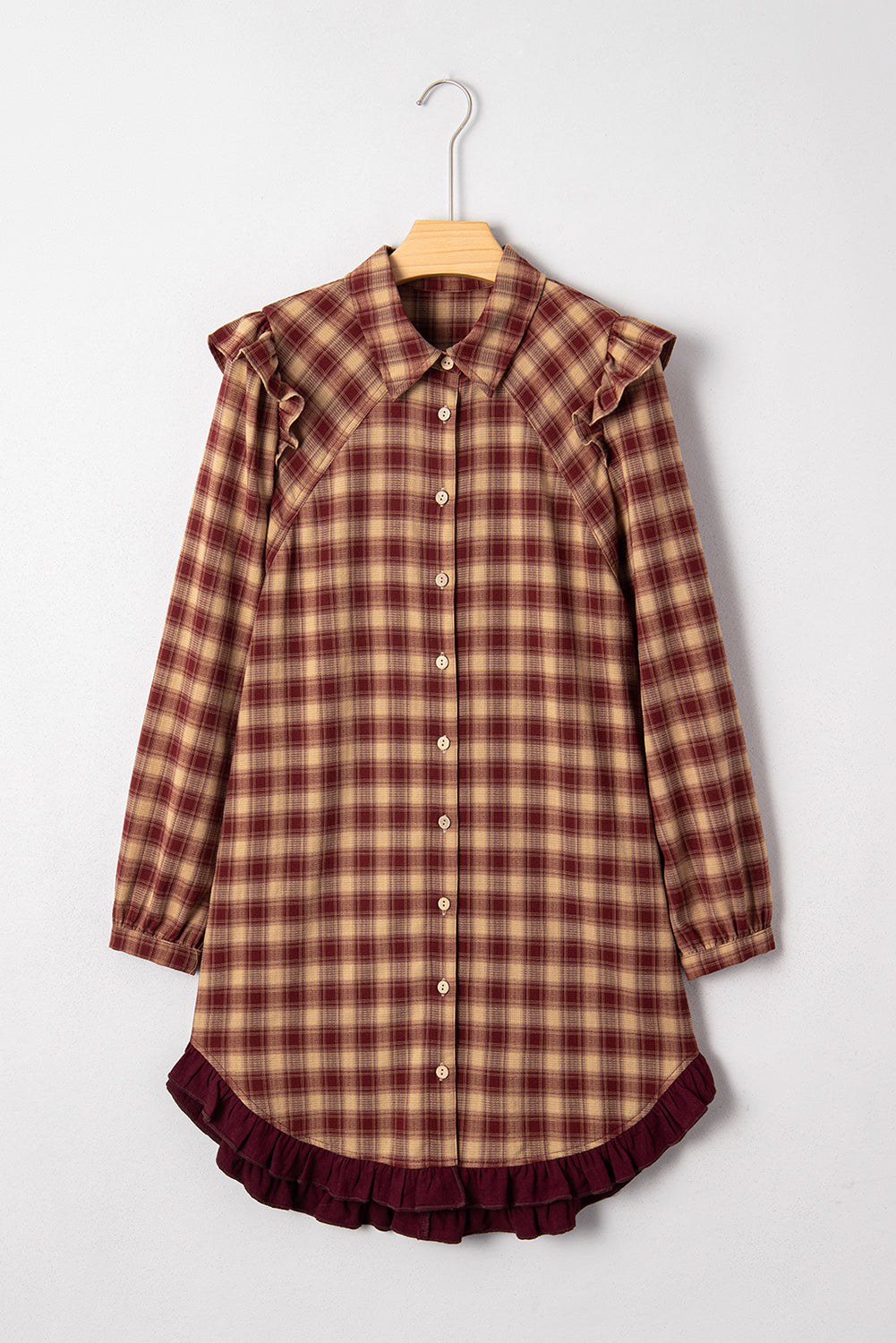 Red Plaid Ruffled Long Sleeve Patchwork Shirt Dress Dear-Lover Dropshipping