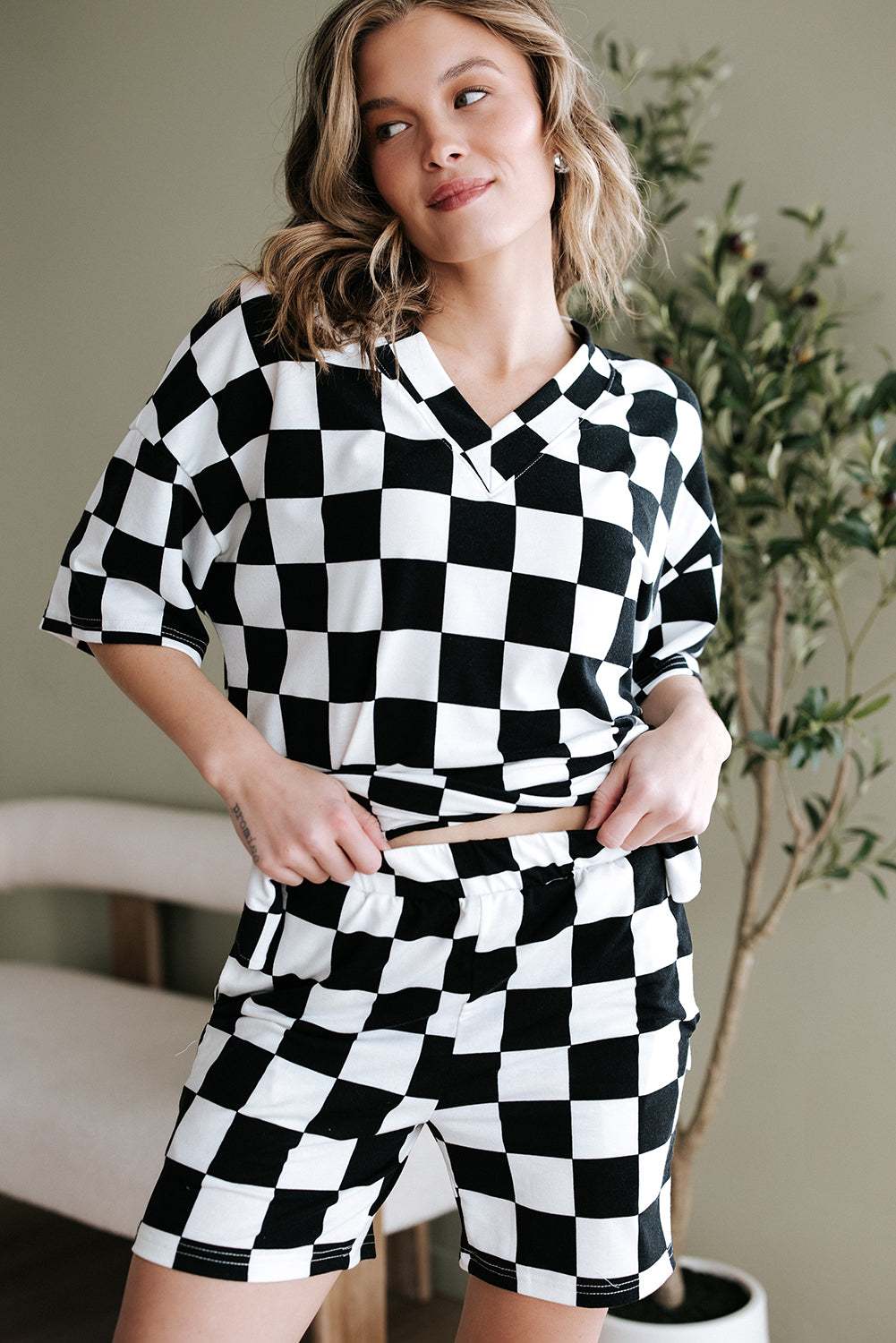 Black Checkerboard Print V Neck Loose Tee and Shorts Set