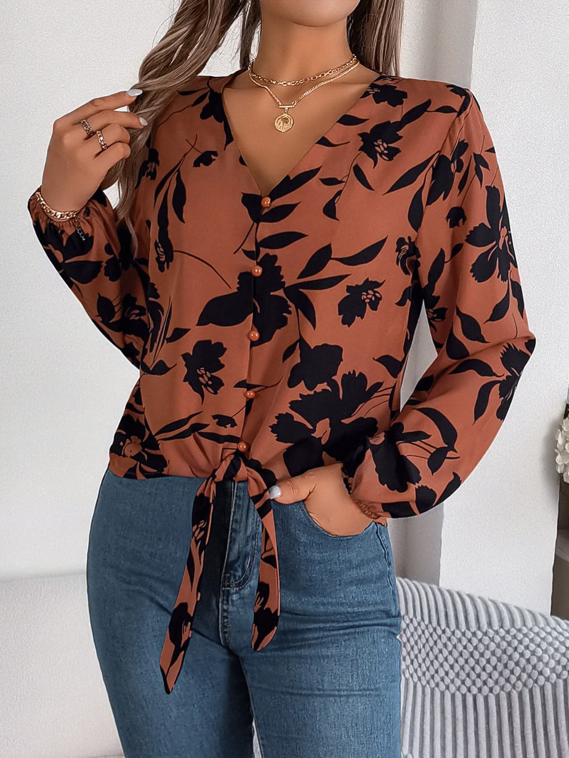 Printed V-Neck Long Sleeve Blouse.