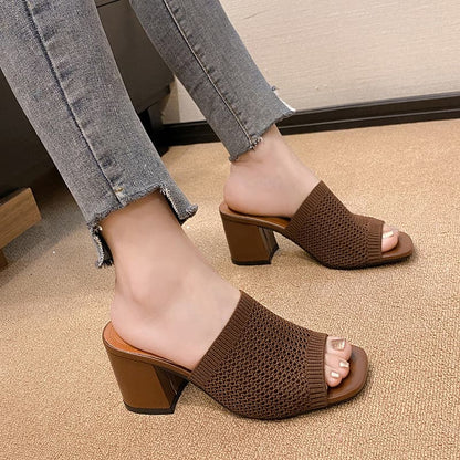 Block Heel Knit Sandals.