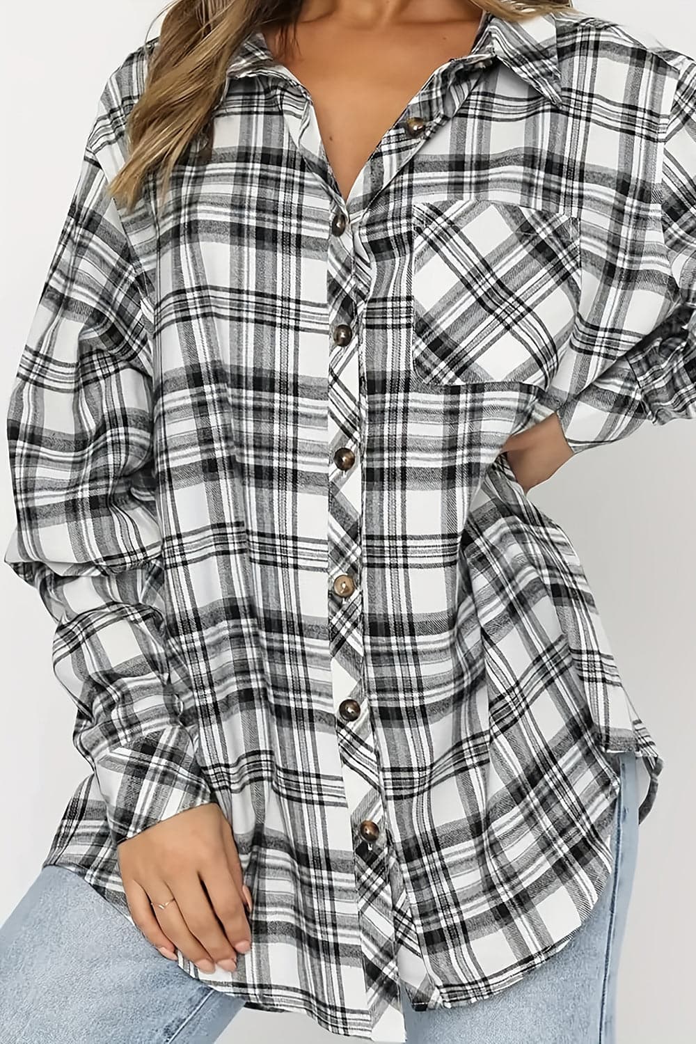 Plaid Collared Neck Long Sleeve Shirt.