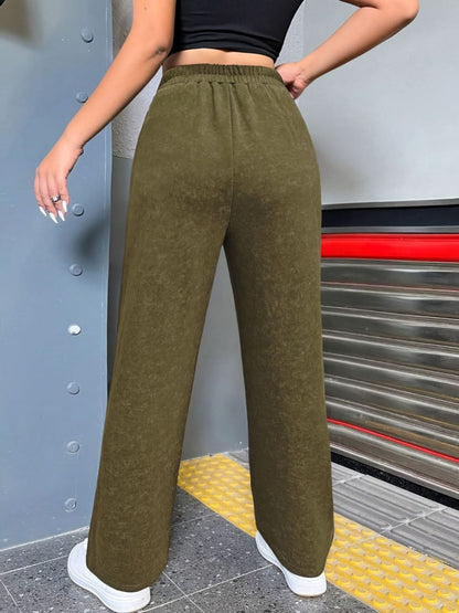 Distressed Straight Leg Pants with Elastic Waistband