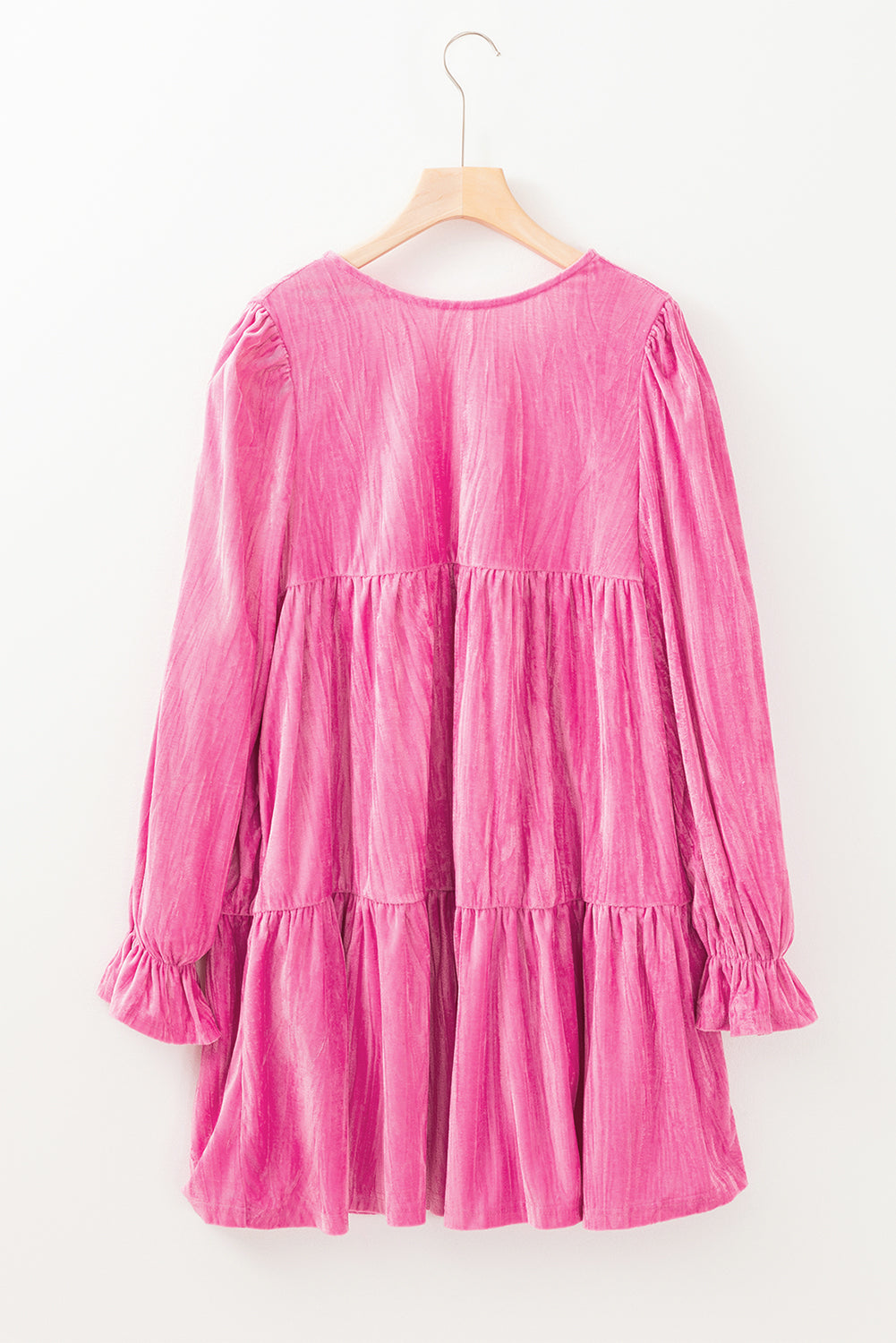 Playful strawberry pink velvet mini dress with flounce sleeves and tiered ruffles