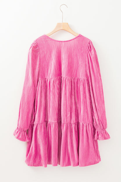 Playful strawberry pink velvet mini dress with flounce sleeves and tiered ruffles