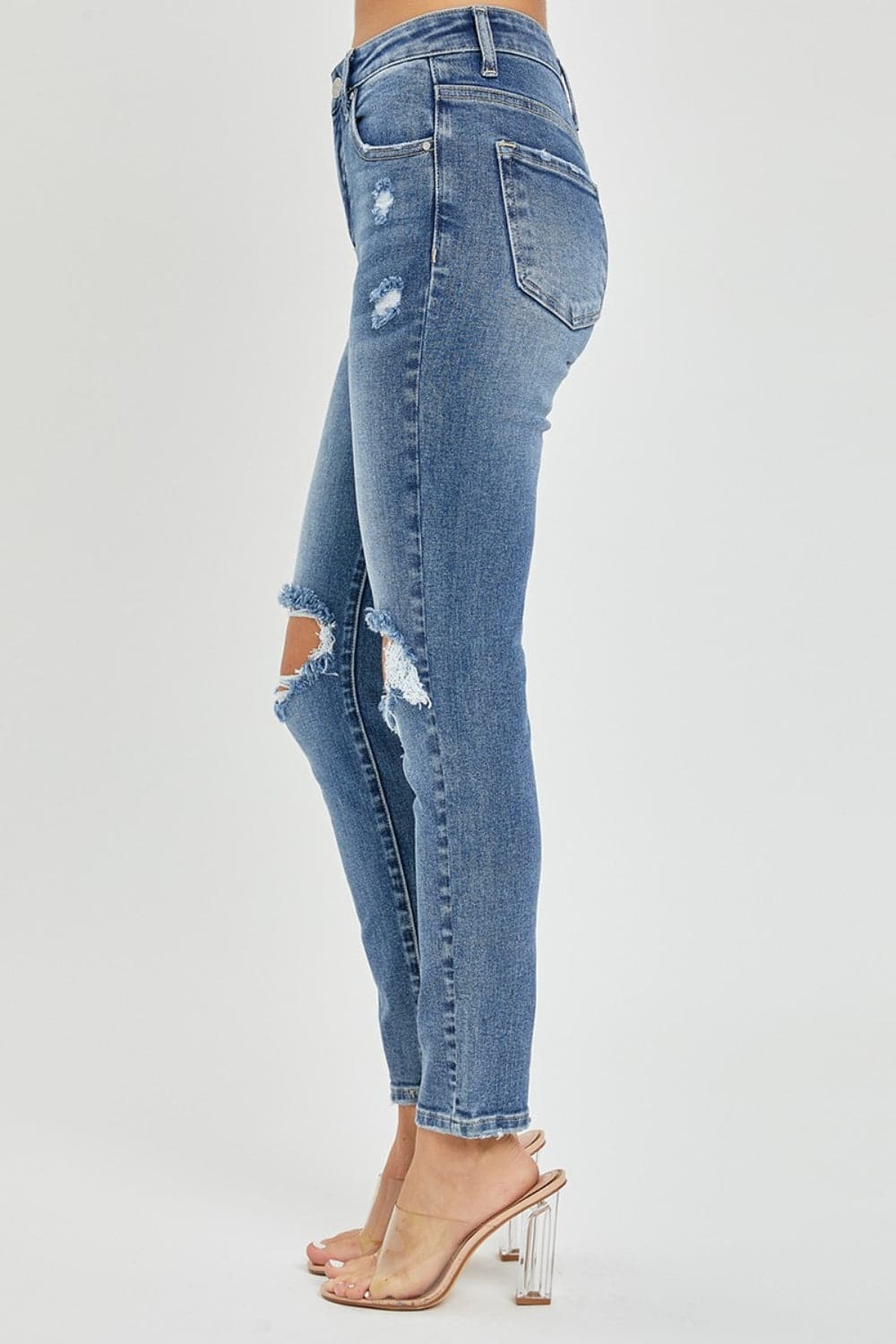 Risen Full Size High Rise Knee Distressed Skinny Jeans.