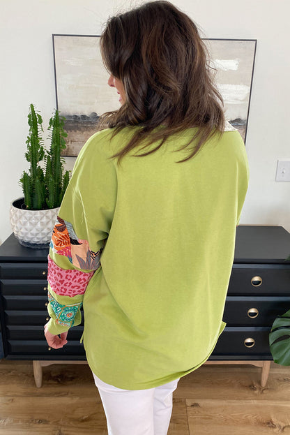 Chic green plus size patchwork sleeve split sweatshirt