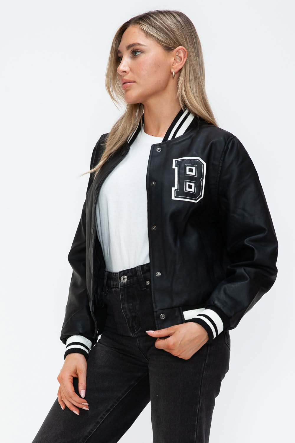 Love Me Now PU Leather Contrast Snap Down Bomber Jacket