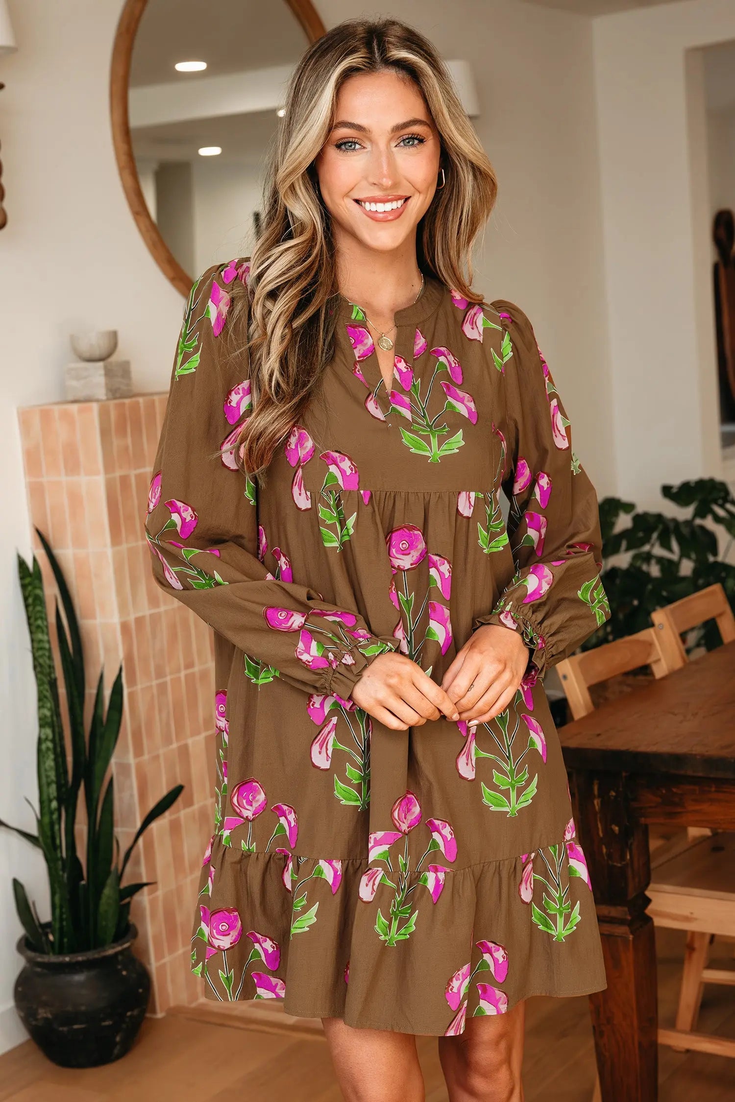 Brown Contrast Floral Print Babydoll Tunic Dress With Ruffled Hem Puff Sleeve Dear-Lover Dropshipping