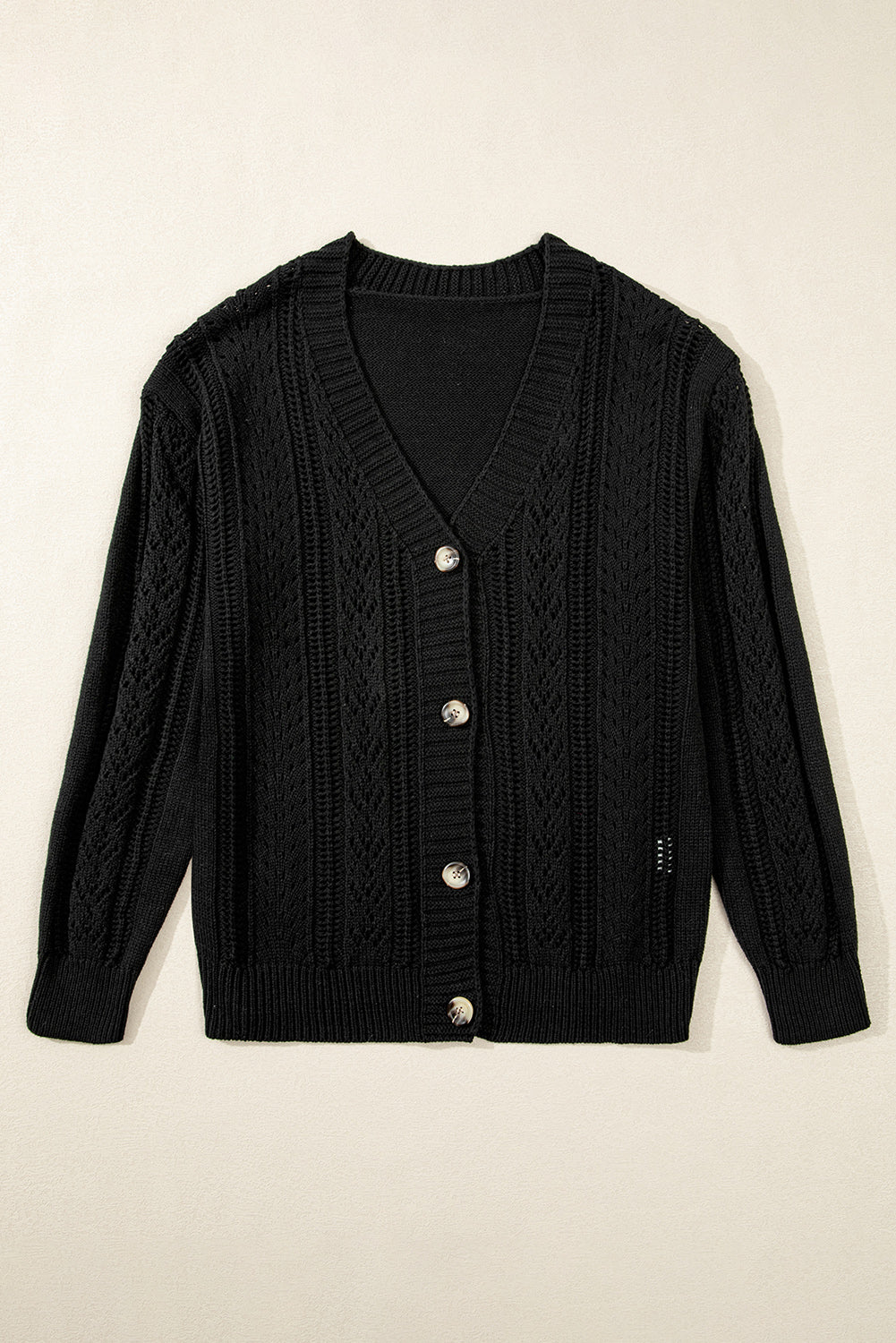 Chic Black Open Knit Drop Shoulder Cardigan Sweater