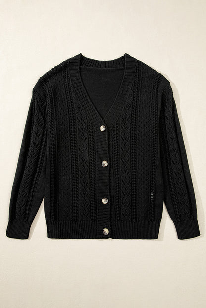 Chic Black Open Knit Drop Shoulder Cardigan Sweater