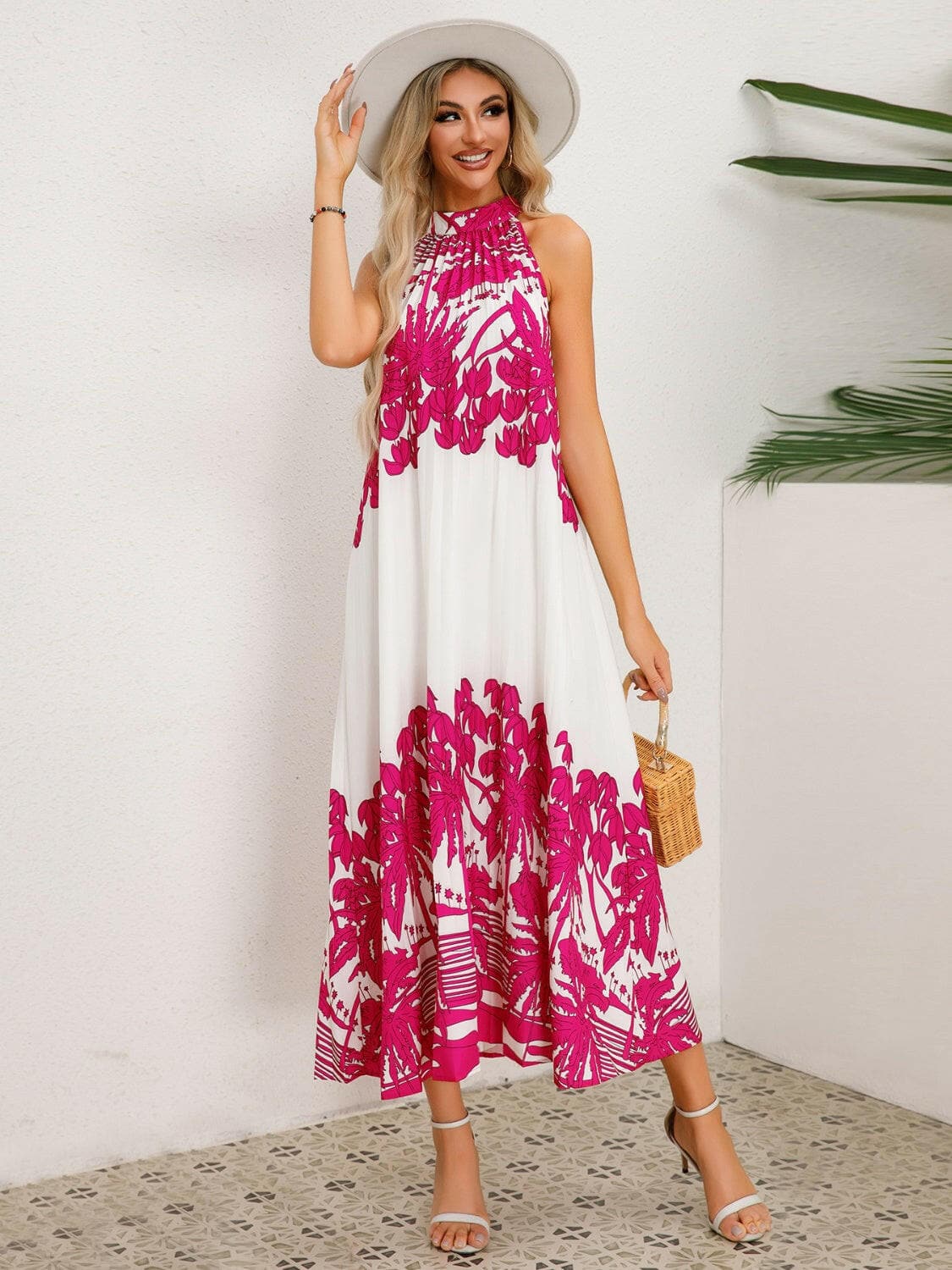 Tied Printed Sleeveless Midi Dress.